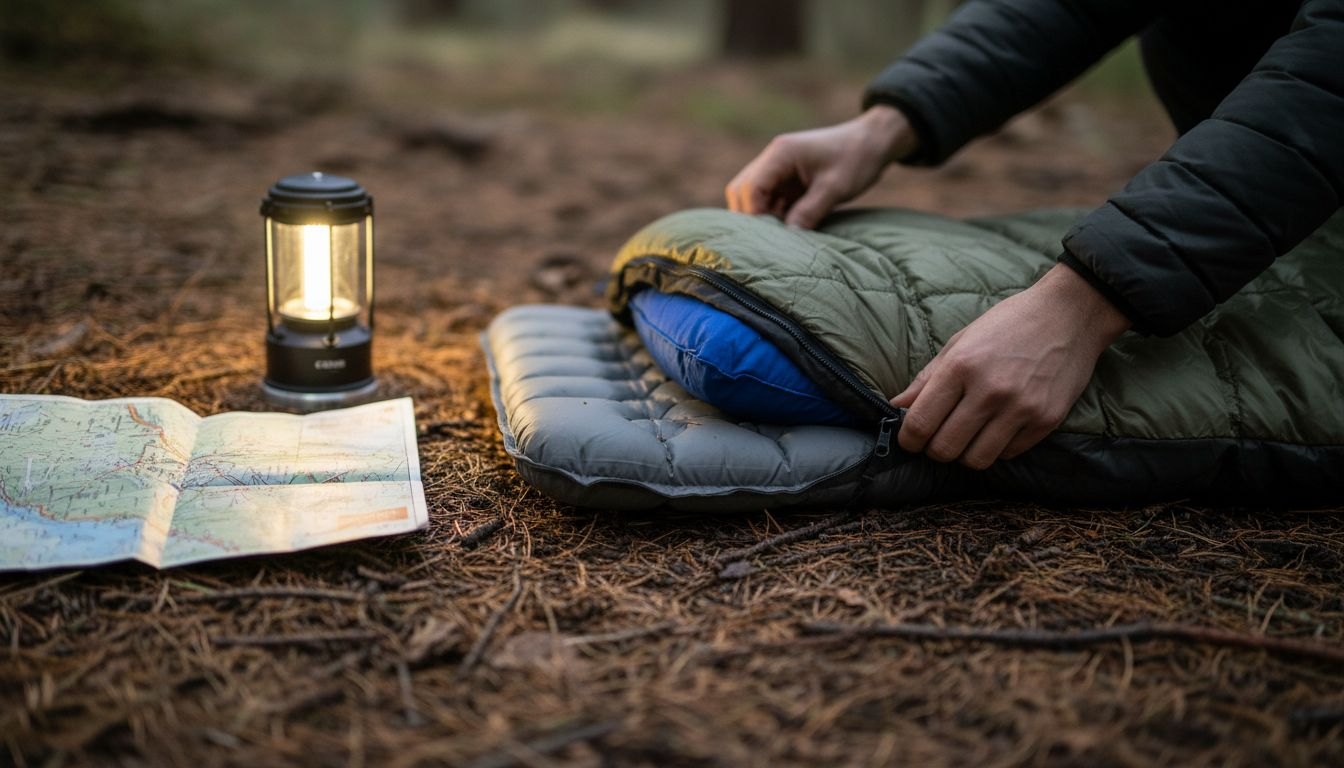 Close-up of camping sleep gear arrangement
