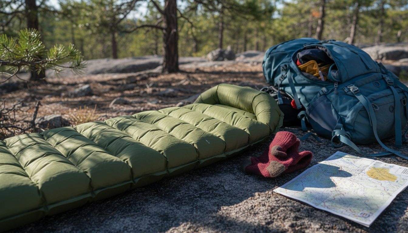 Close view insulated mattress on rocky ground