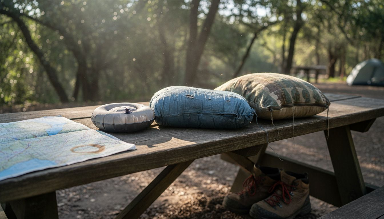Three camping pillow types on picnic table