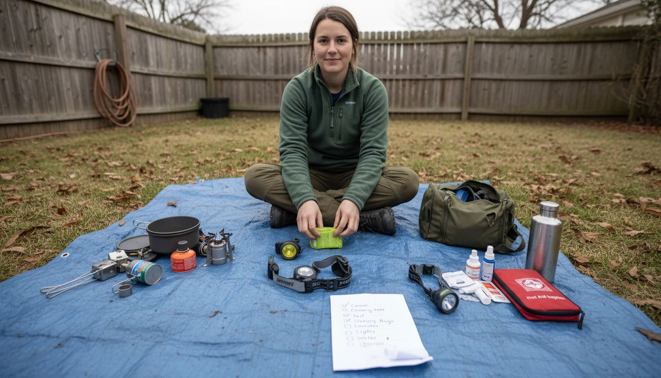 Woman sorting camping gear outdoors
