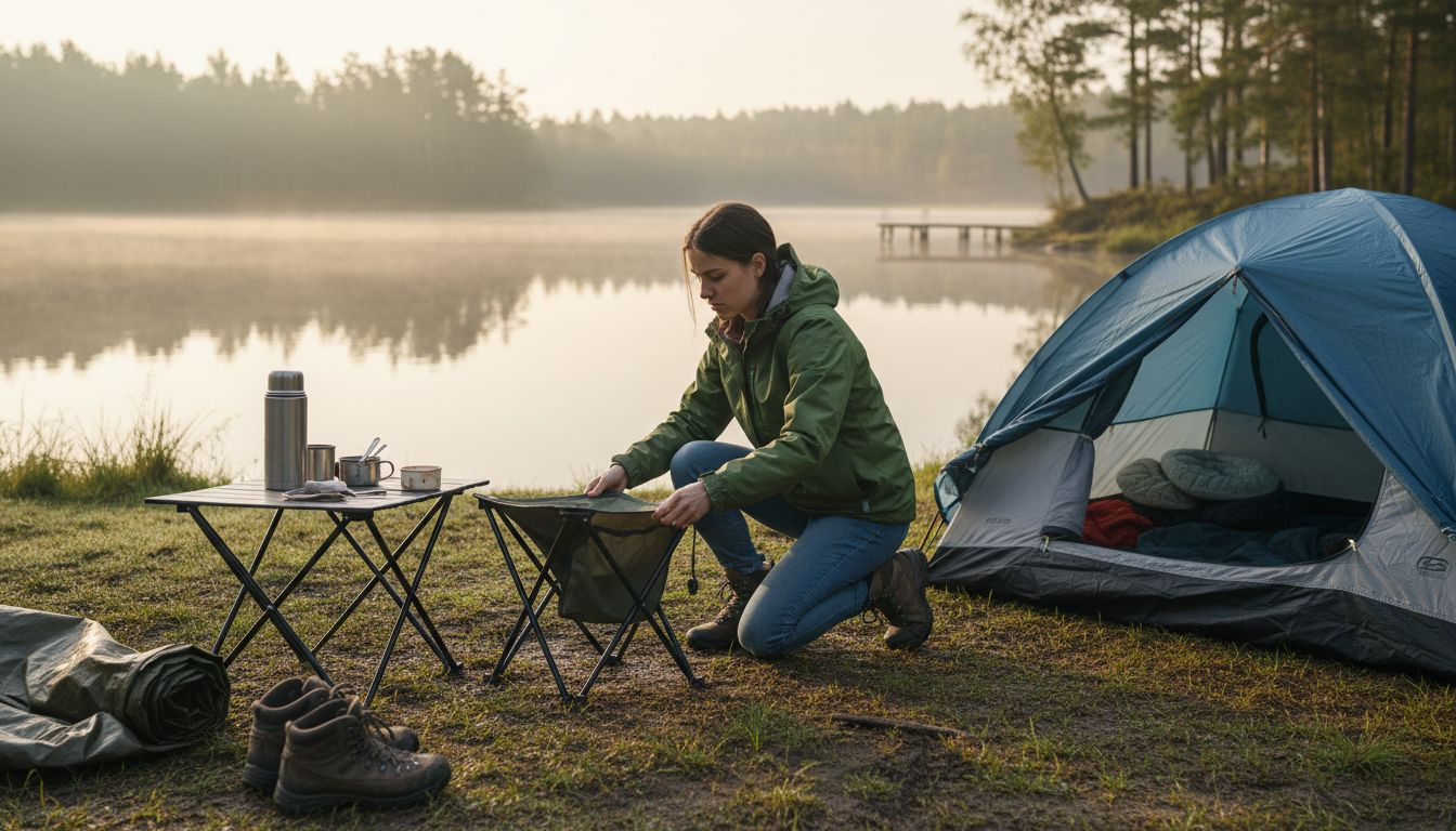 Woman packing collapsible camping equipment at lakeside