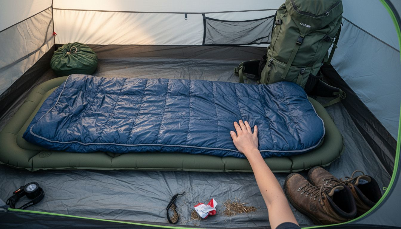 Camping sleep gear details inside tent