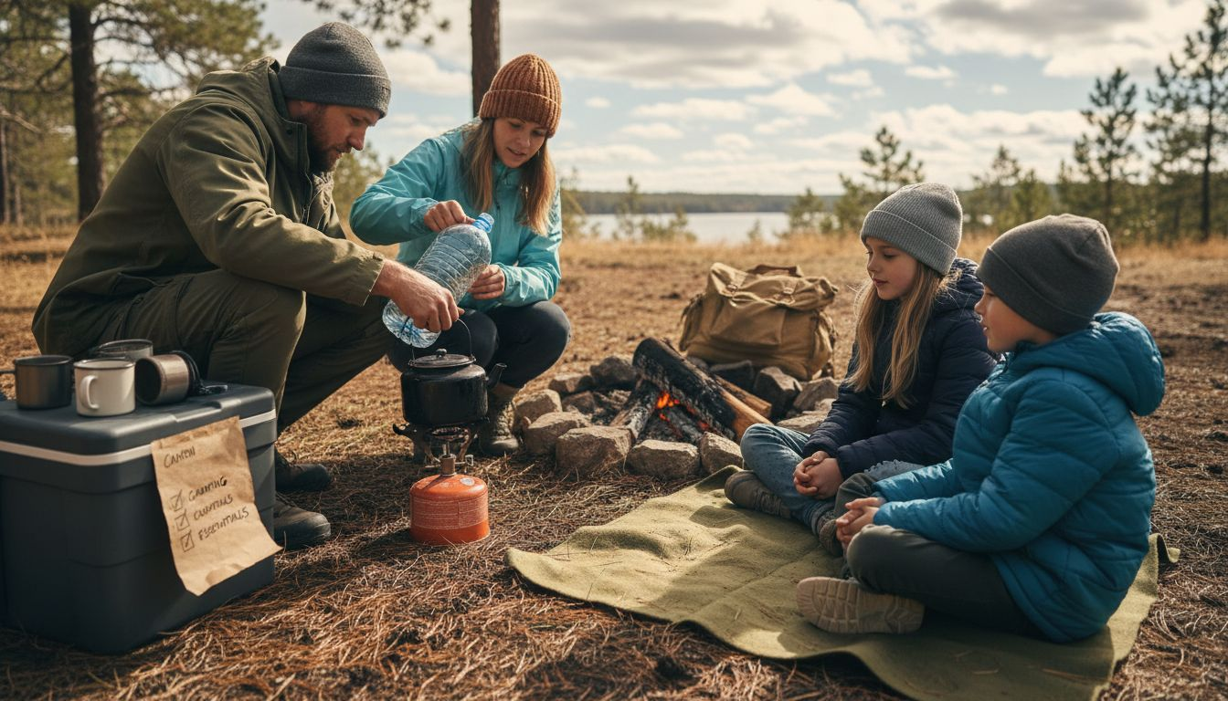 Family cooking and relaxing with camping gear
