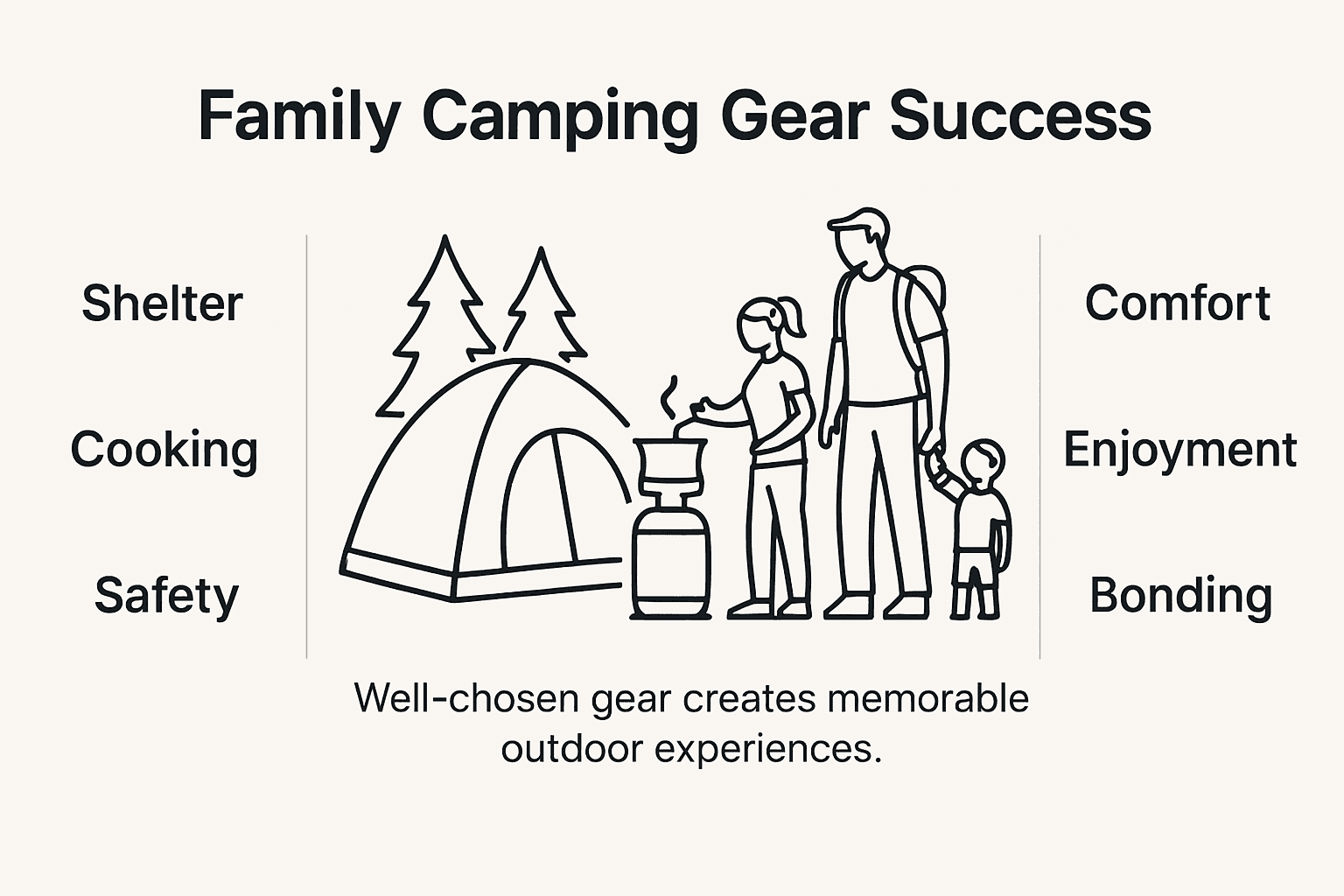 Infographic showing family camping gear categories and benefits