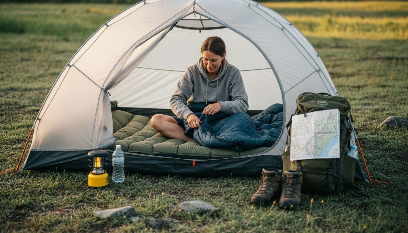 Camper testing sleeping gear in tent