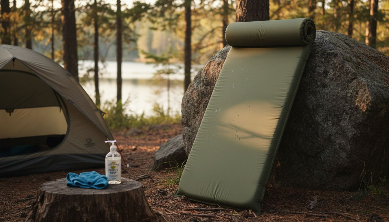 Camp mattress drying beside tent near lake