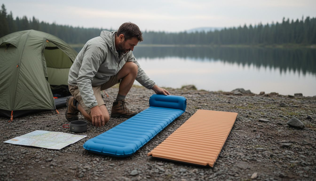 Camper comparing sleeping mats outdoors
