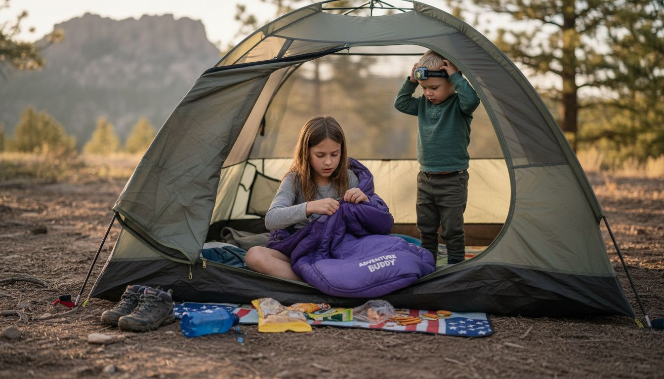Girl testing sleeping bag in camping tent