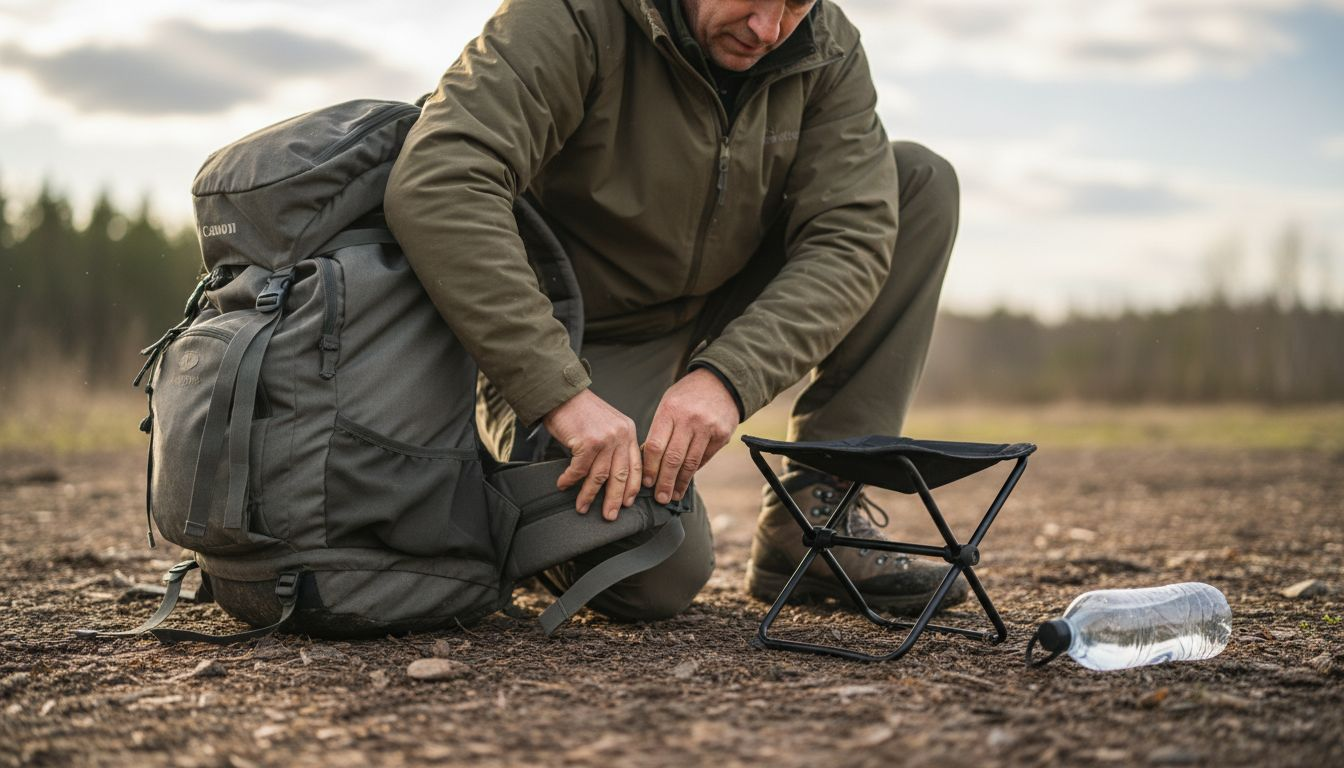 Person adjusting ergonomic camping backpack hip belt