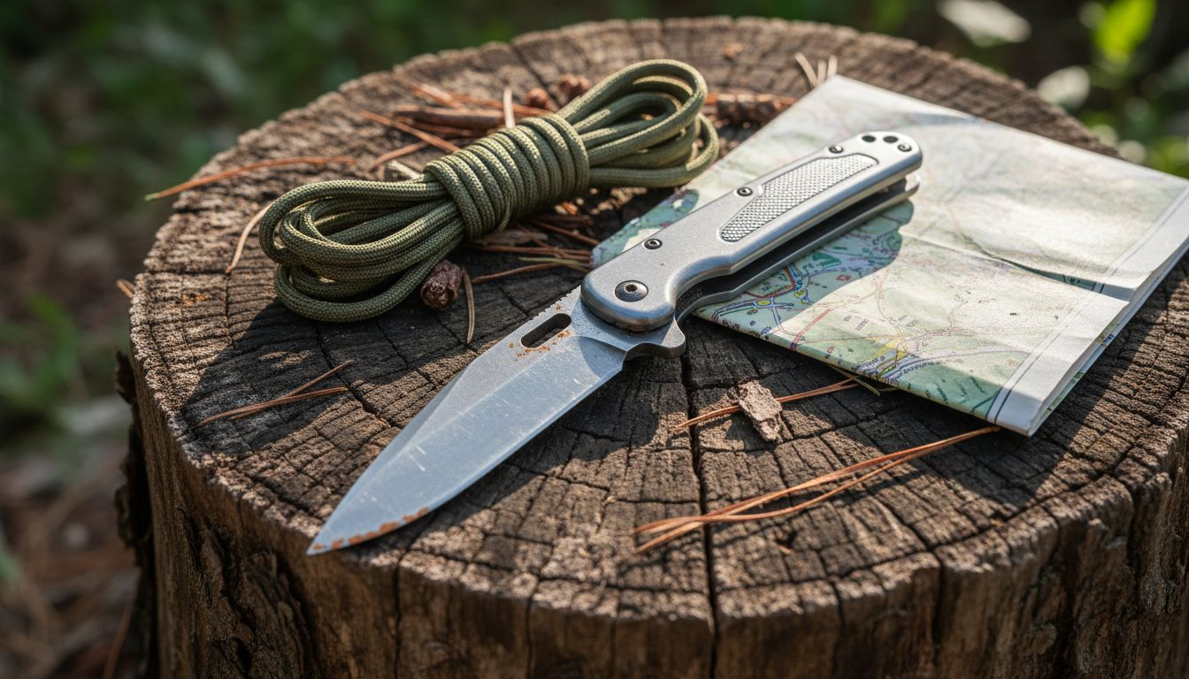 Close-up of multitool camping knife at campsite