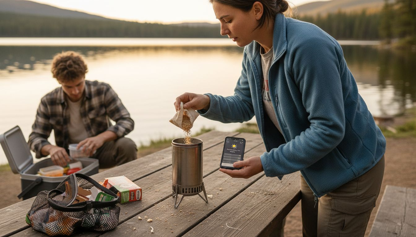 Camper using a solar camp stove