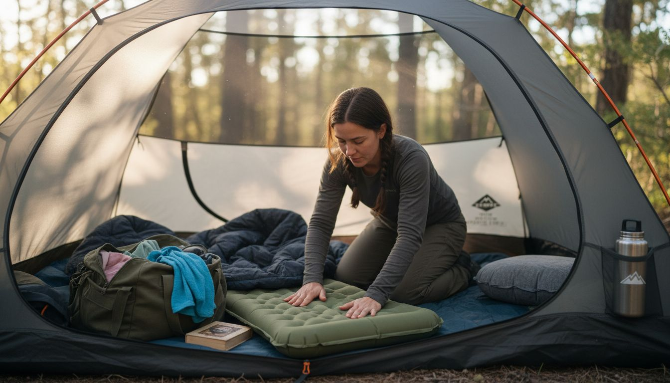 Camper arranging sleep system in tent
