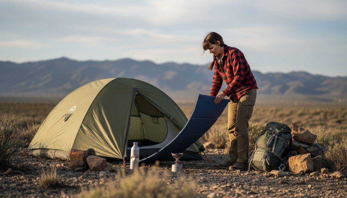 Woman unrolling foam sleeping pad at campsite