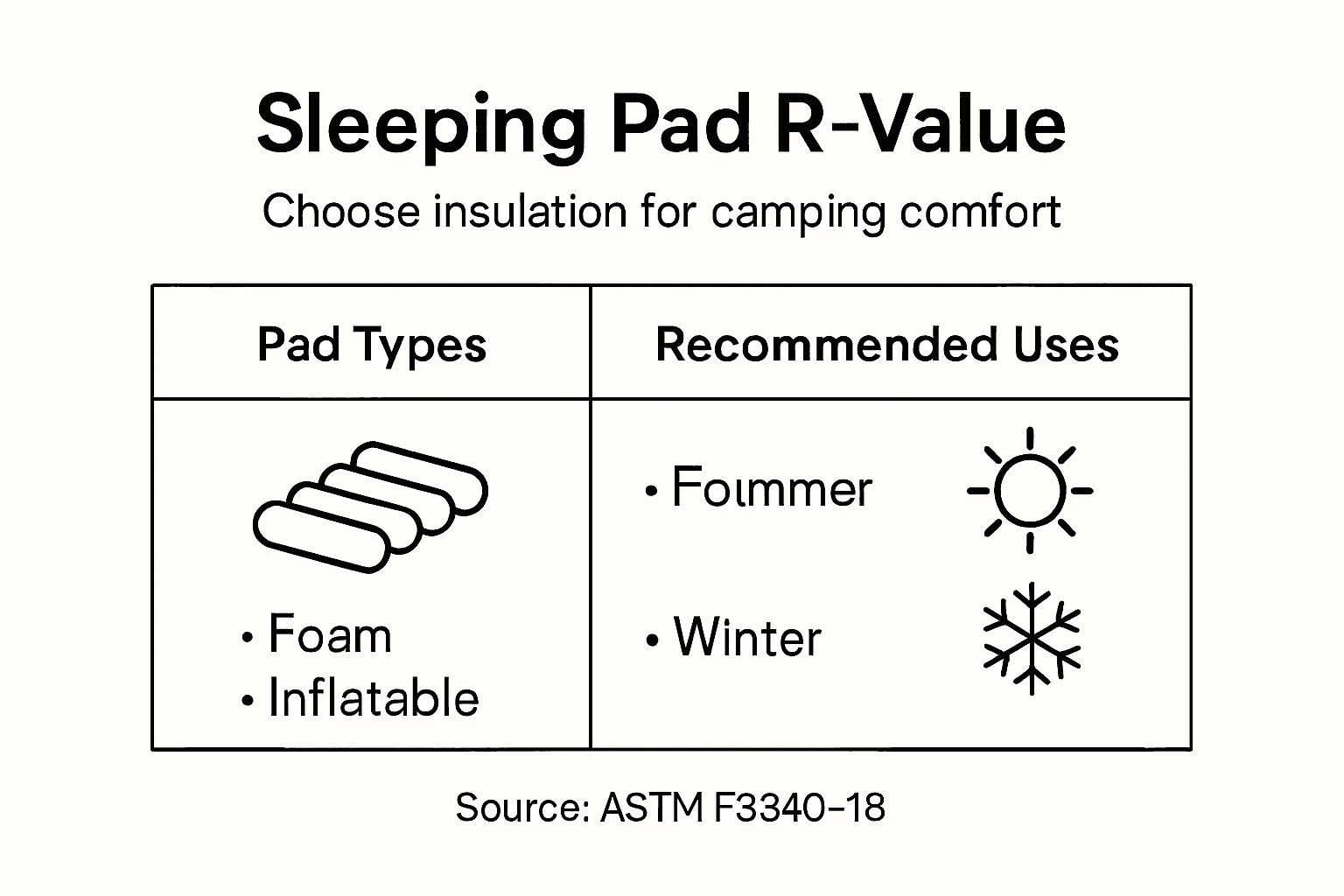 Infographic shows sleeping pad types and R-value uses