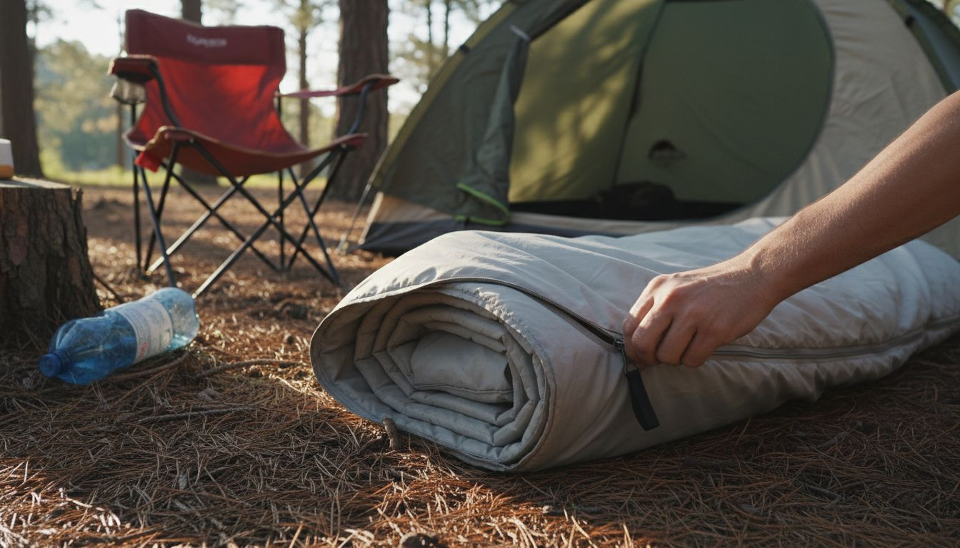 Close-up hand zipping mattress cover outdoors