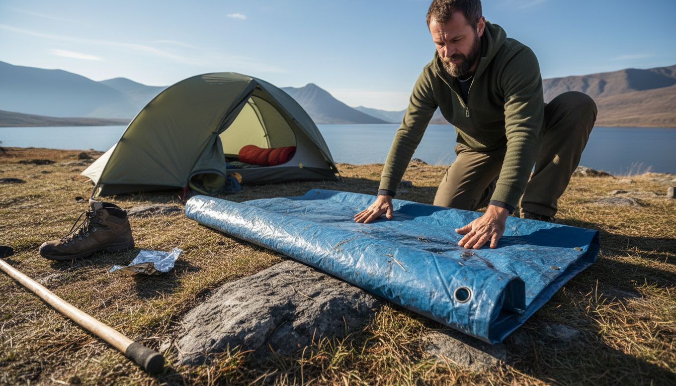 Groundsheet barrier under tent on rocky ground