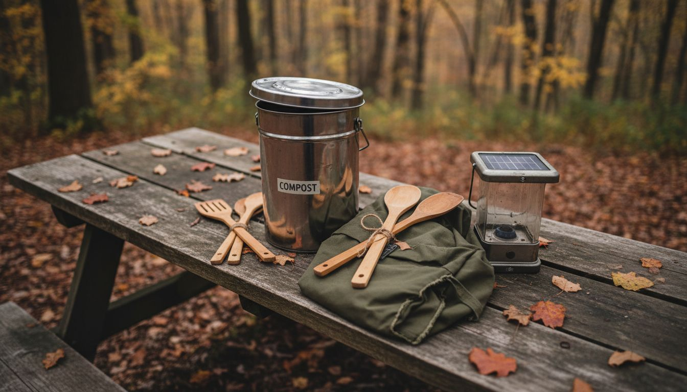 Closeup of sustainable camping gear on picnic table