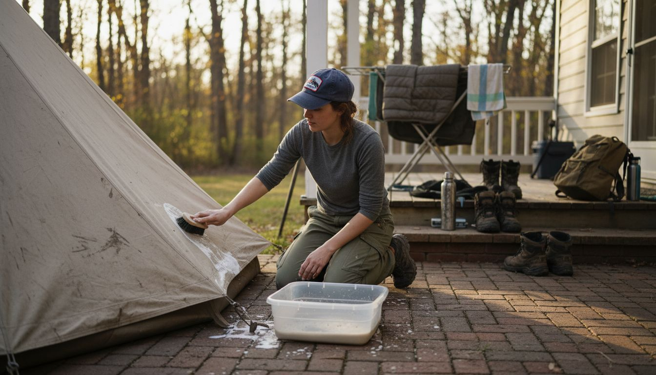 Woman cleaning tent on backyard patio