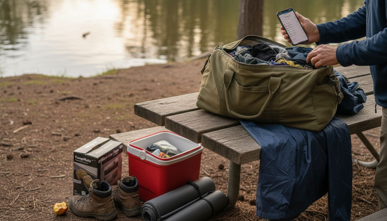 Parent organizing essential camping equipment lakeside
