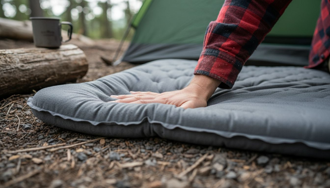 Hand pressing down on camping pad