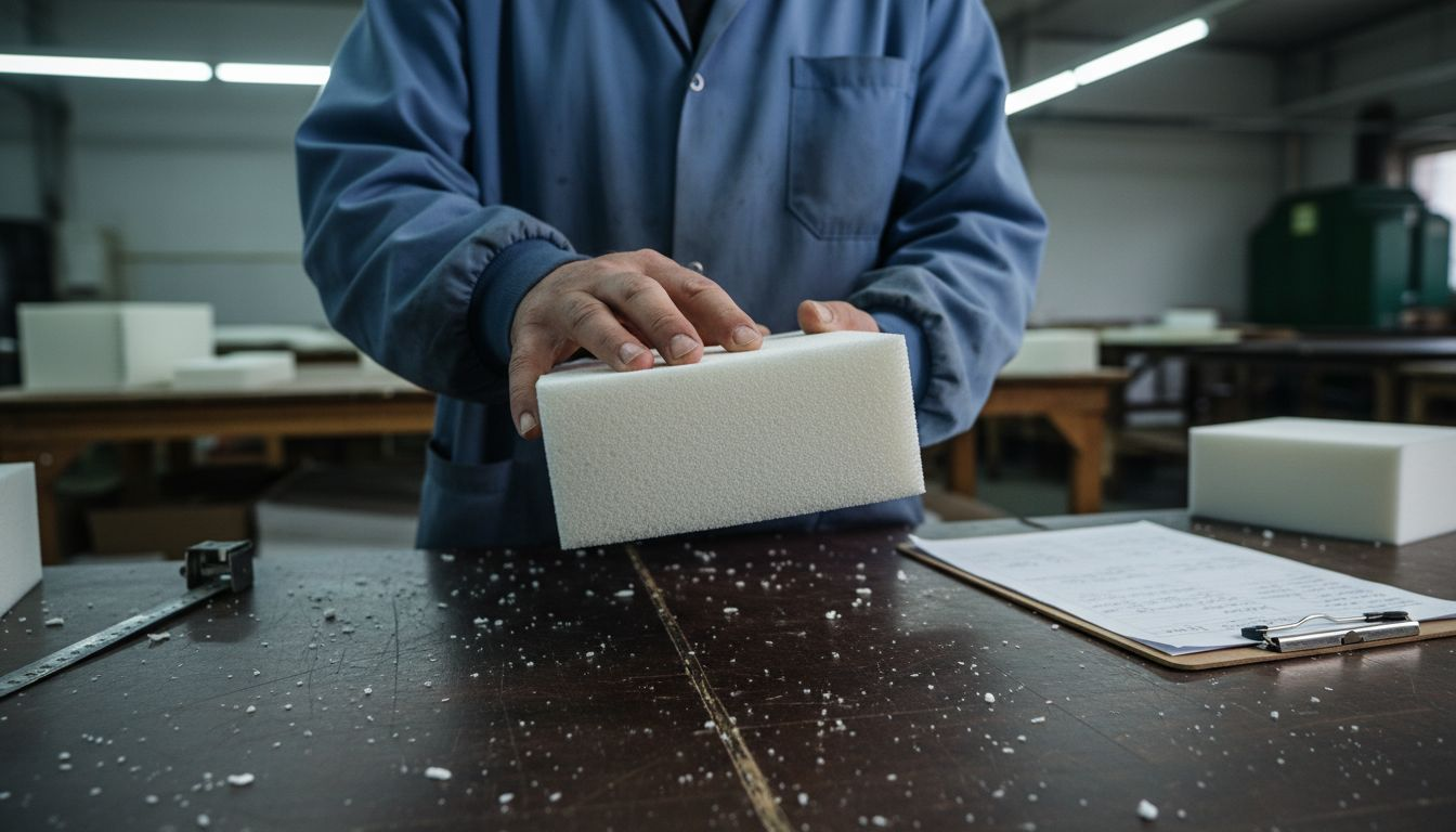 Technician inspects high density foam sample