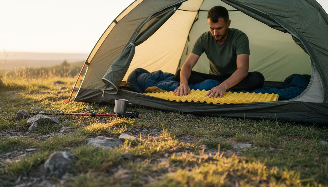 Backpacker arranging closed-cell foam sleeping pad
