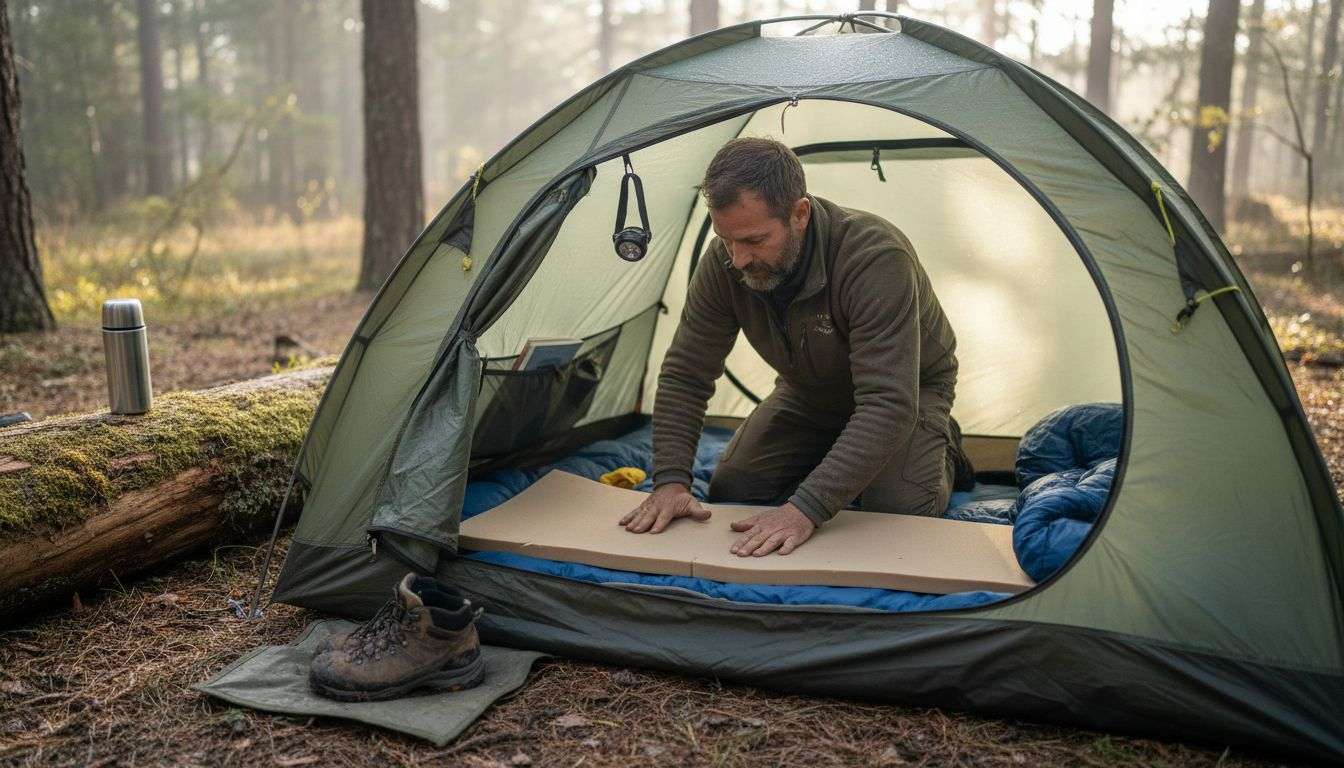 Camper installing memory foam bedding in tent