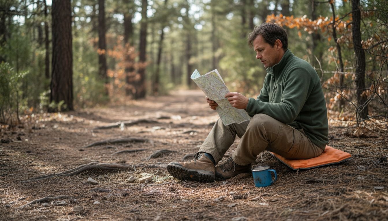 Backpacker using foam pad on forest trail