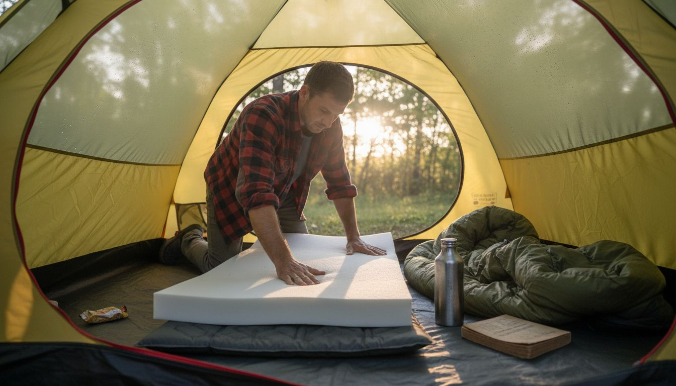 Camper arranging memory foam mattress in tent