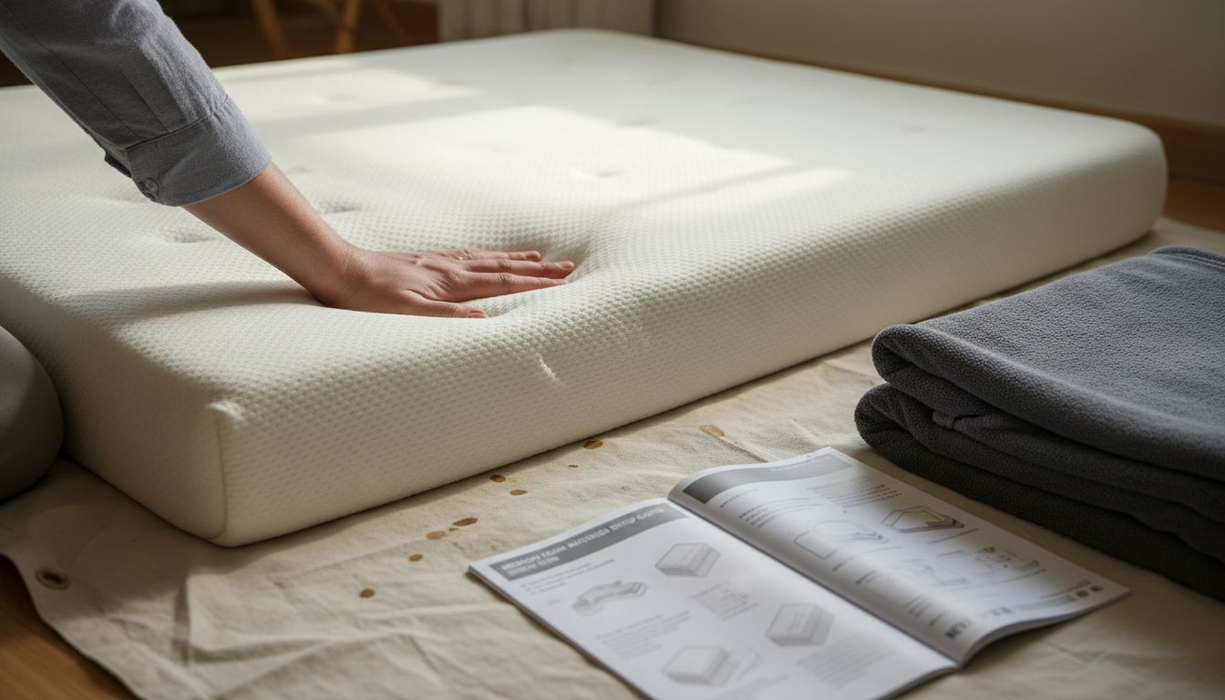 Hand pressing memory foam mattress surface indoors