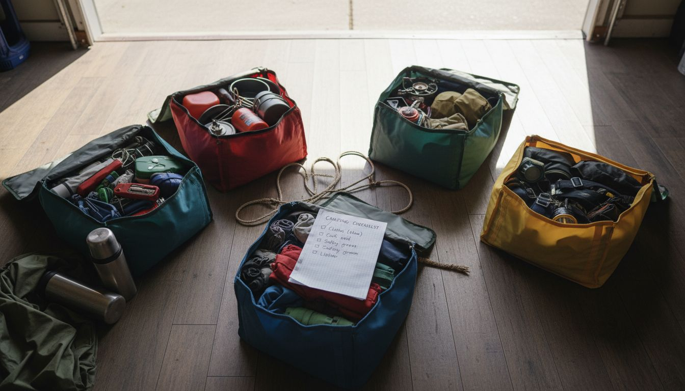 Organized camping gear sorted by category