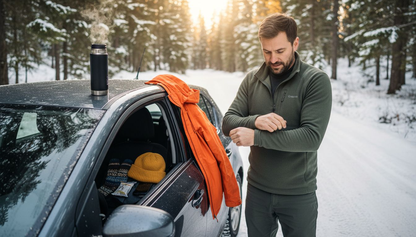 Man layering clothes for cold camping