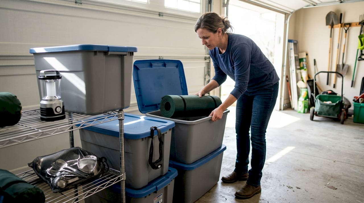Woman organizing camping gear in garage bins