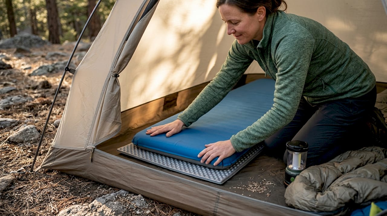 Camper stacking sleeping pad layers inside tent