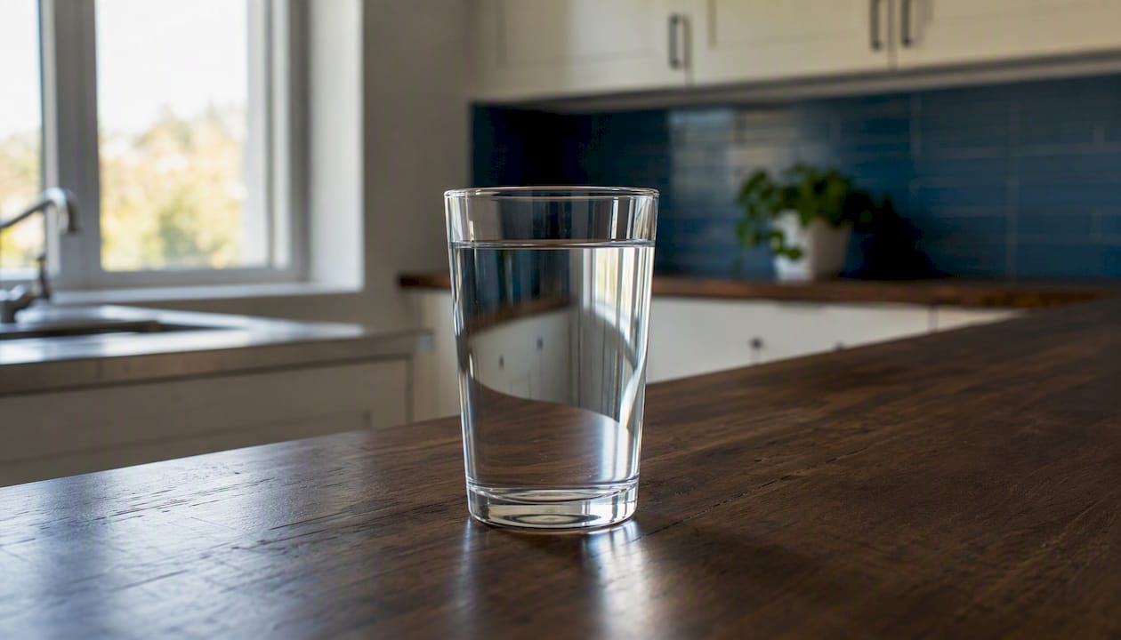 Clear glass of tap water on counter