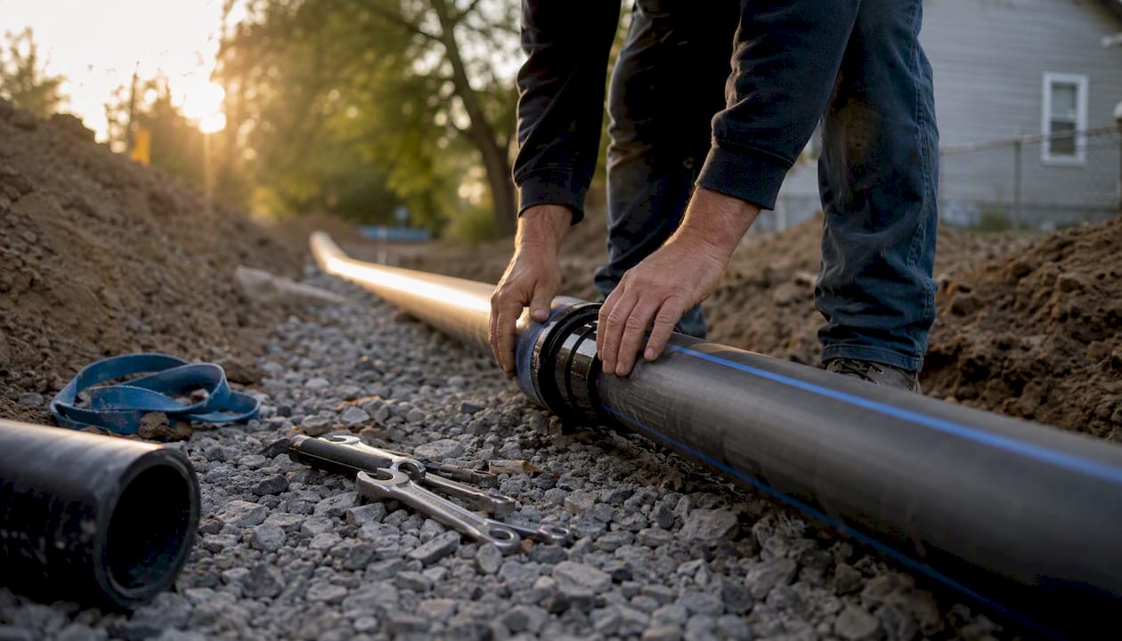 Hands of worker installing water pipes