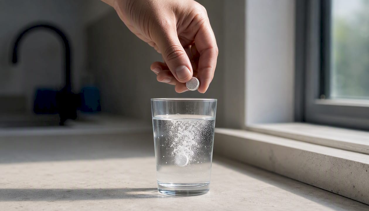 Campden tablet dissolving in water glass