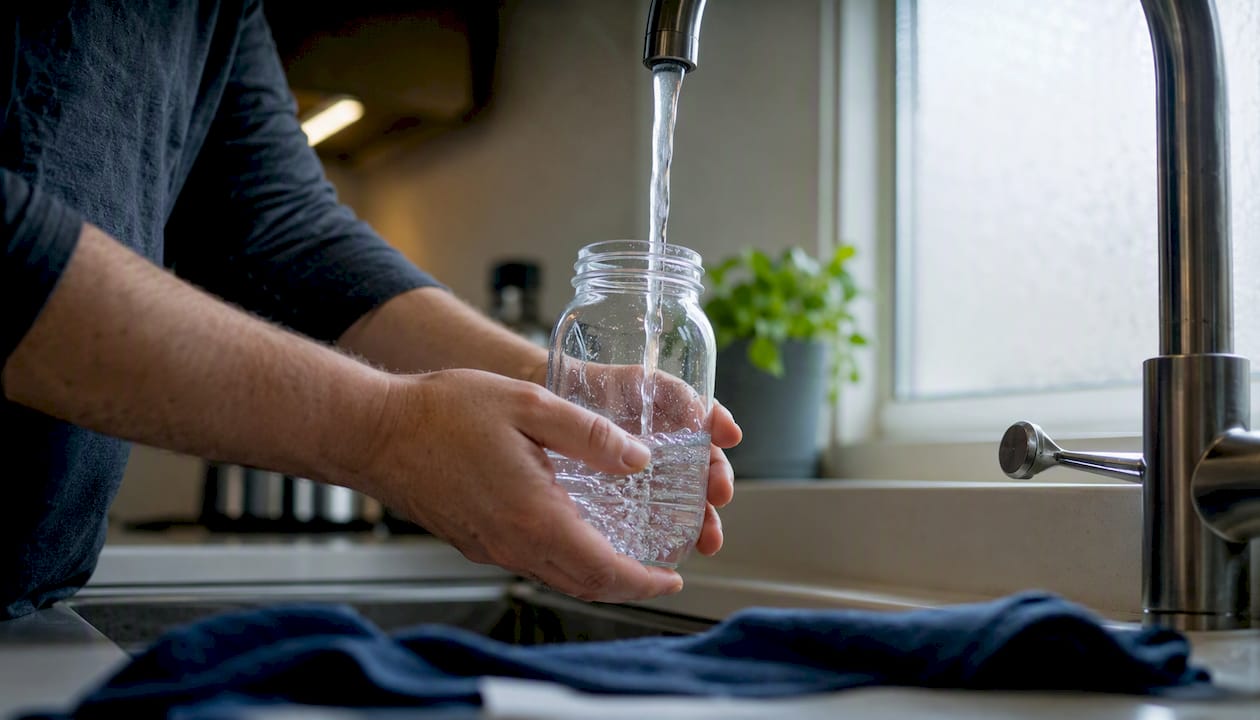Hand pouring water sample into bottle in kitchen