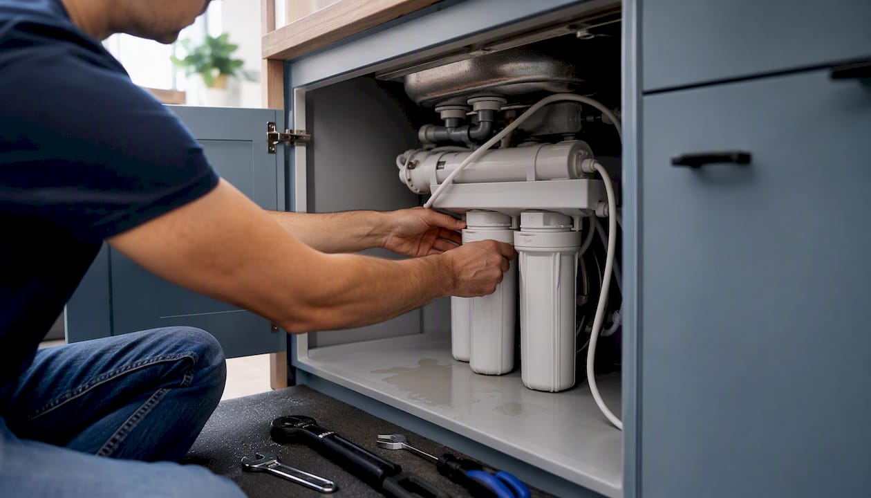 Hands installing under-sink water filter system