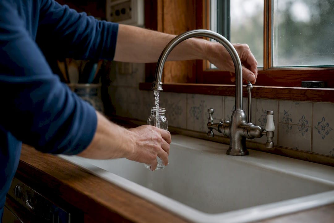 Hand collecting cold water first draw sample from tap