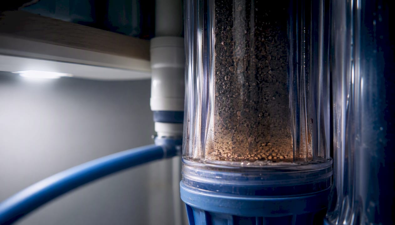 Close-up of sediment trapped in water filter