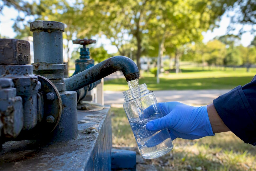 Technician collecting water sample outdoors