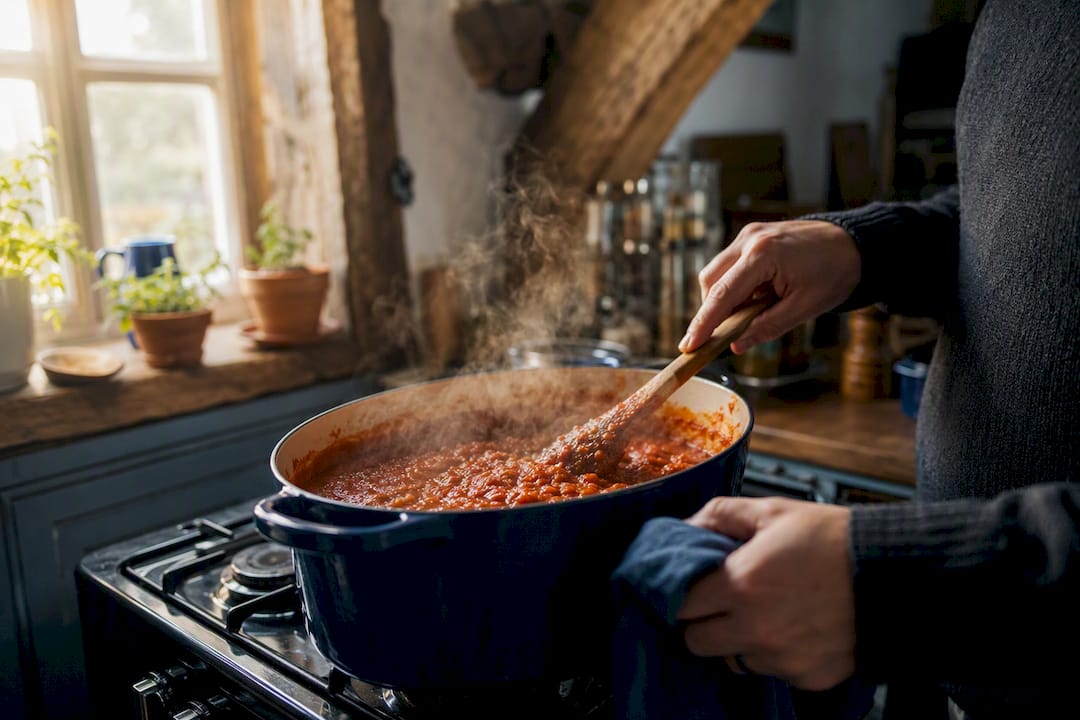 Simmering thick tomato sauce in pot