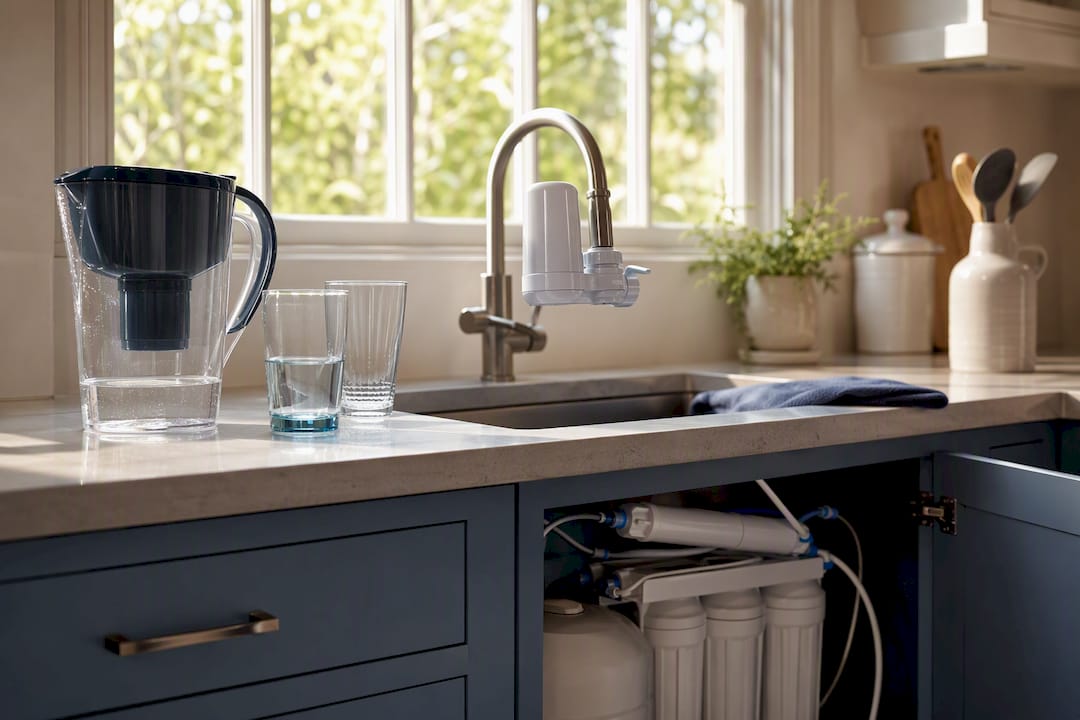 Various water filtration devices on kitchen counter