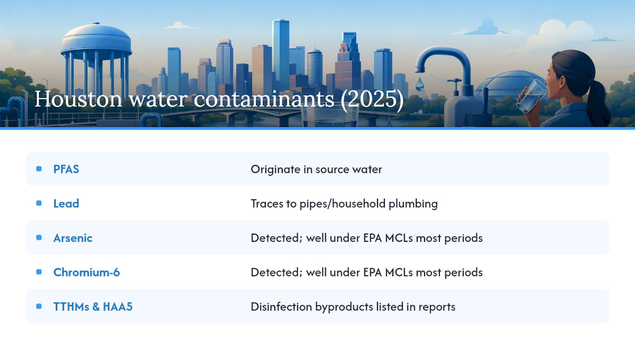 Diagram comparing contaminant levels and exceedances in Houston water