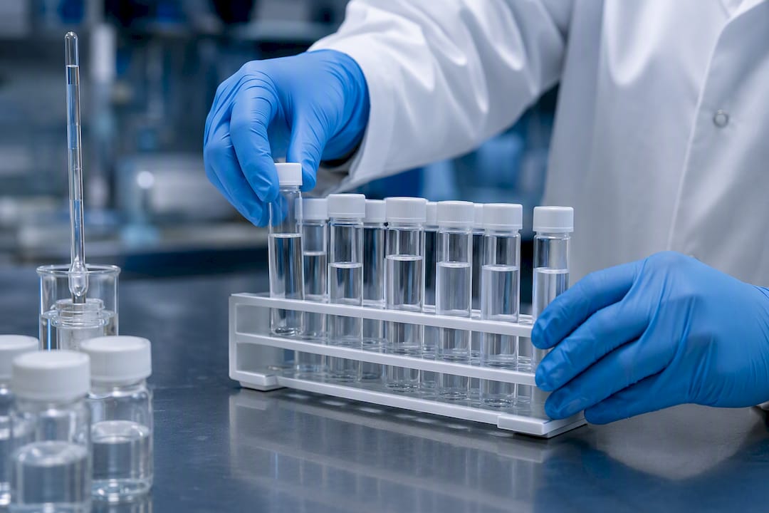Water sample vials in testing laboratory