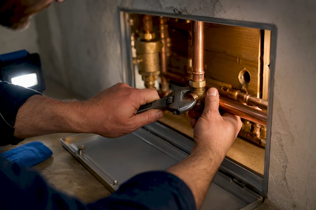 Plumber repairing copper pipe fitting