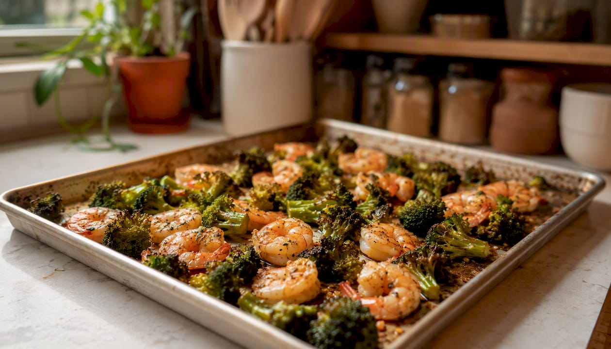 Sheet-pan shrimp and broccoli roasting