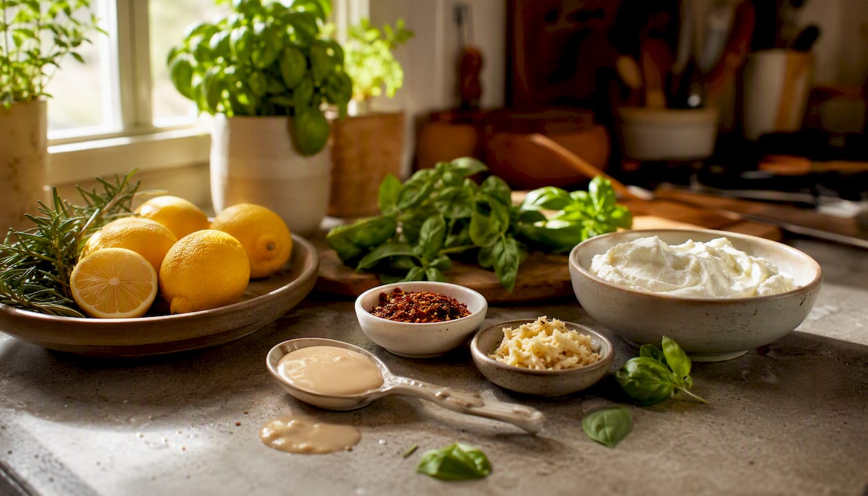Fresh herbs and spices enhancing dinner flavor