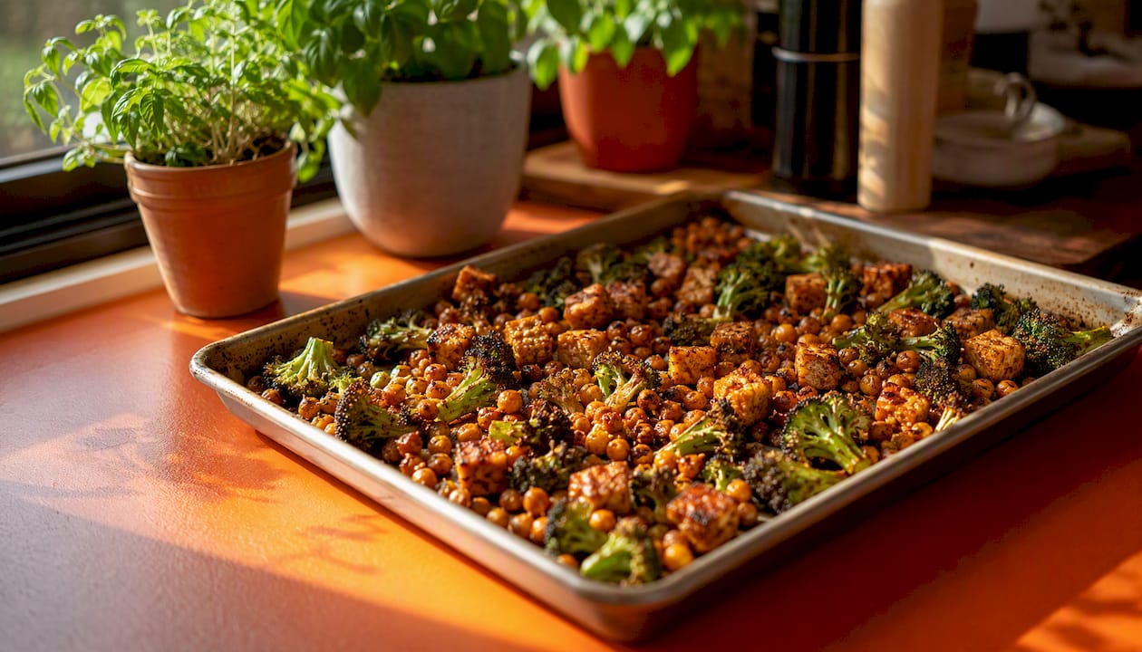 Crispy roasted chickpeas and tempeh on baking tray